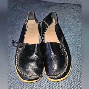 Black Leather Loafers with Bow Detail